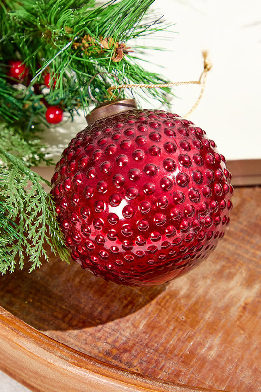 4” Round Hobnail Ruby Mercury Glass Ornament for Holiday Decor
