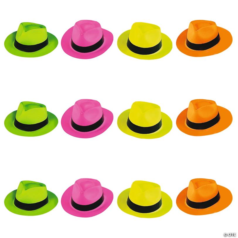 22" Neon Pink, Orange, Lime & Green Plastic Fedora Hats - 12 Pc.
