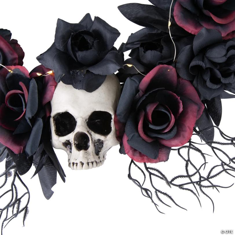 23 1/2" Light-Up Dead Roses & Skull Halloween Wreath Decoration