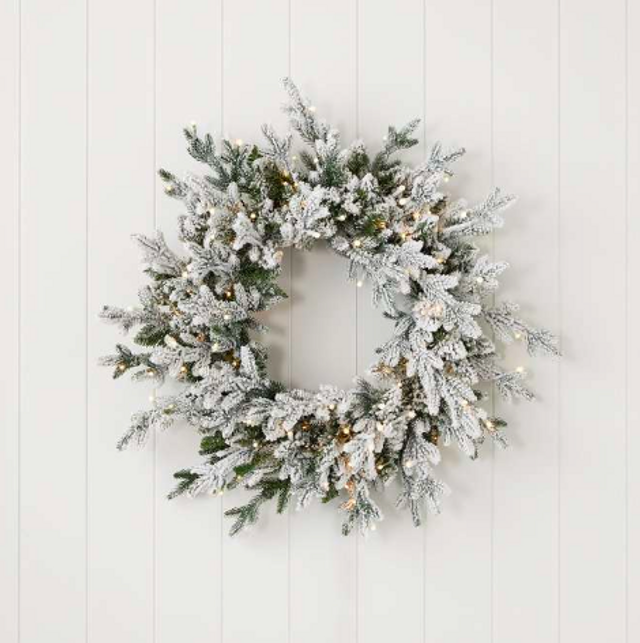 24" Dandan Plug-In Flocked Wreath with Warm White LED Lights Snow-Kissed Glow for the Holidays