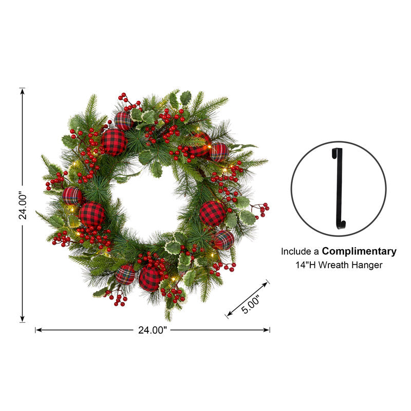 24" Pre-Lit Artificial Fir Christmas Wreath hanging on a front door