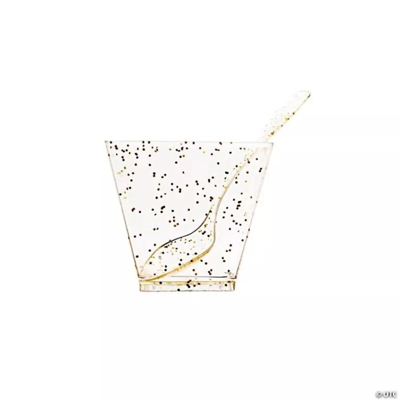 24 Clear 2 oz Disposable Gold Glittered Square Plastic Dessert CUPS Spoons Party | USA Decoration®