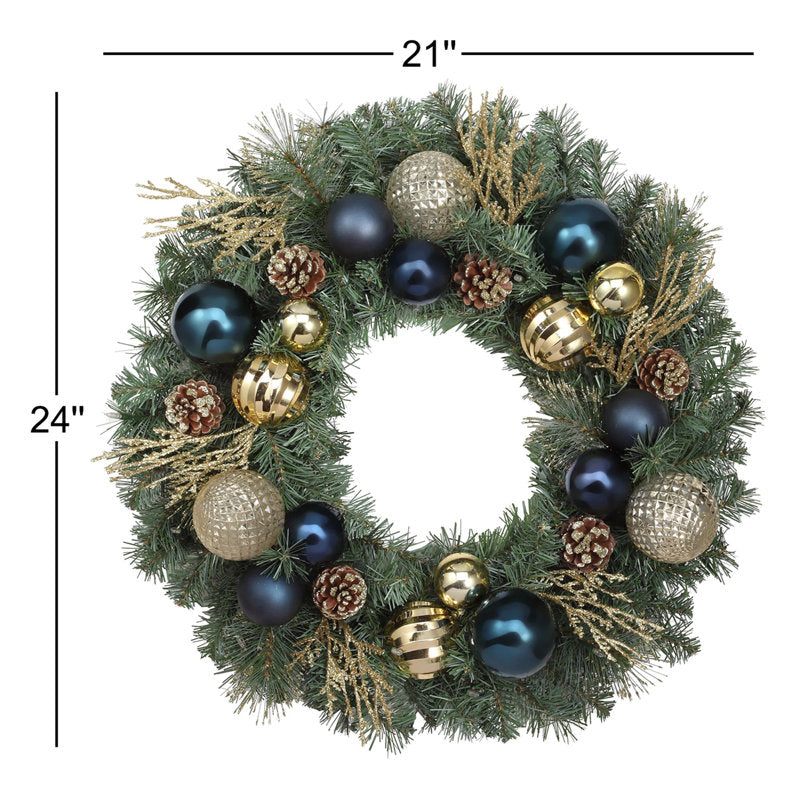 24" Artificial Cypress Christmas Wreath hung on a wooden door