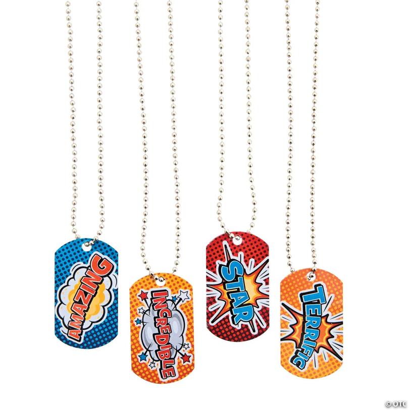 24" Superhero Action-Packed Metal Dog Tag Necklaces – 12 Pc.