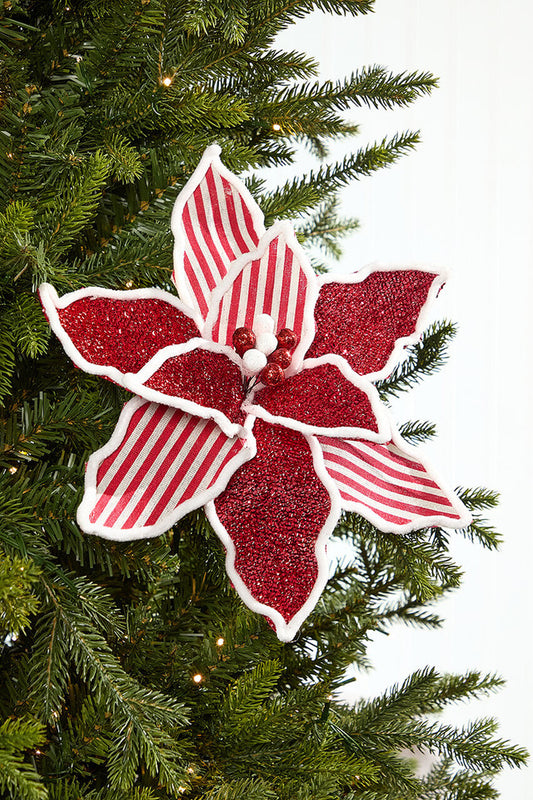 20” x 13” Red and White Striped Glitter Poinsettia Stem for Holiday Decor