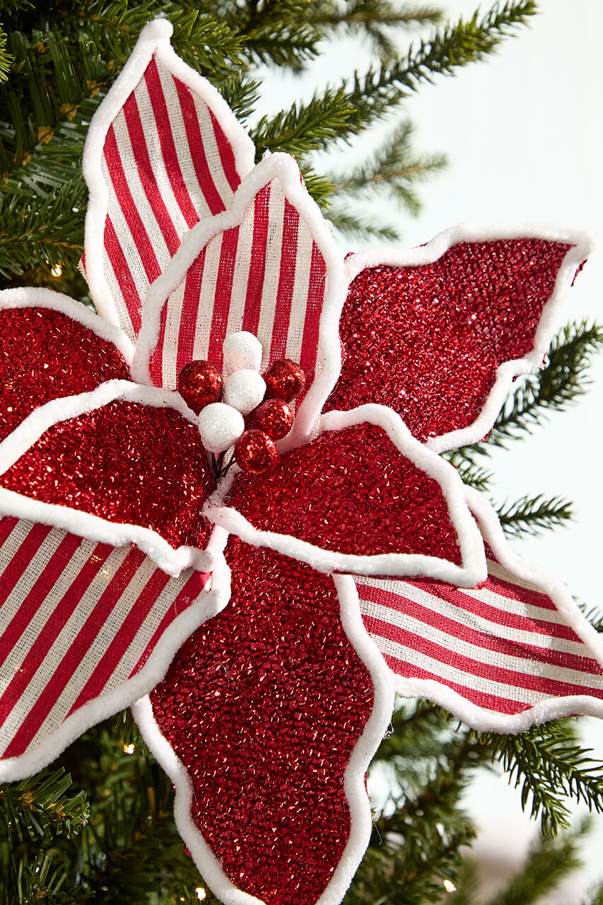 20" x 13" Red & White Striped Glitter Poinsettia Stem