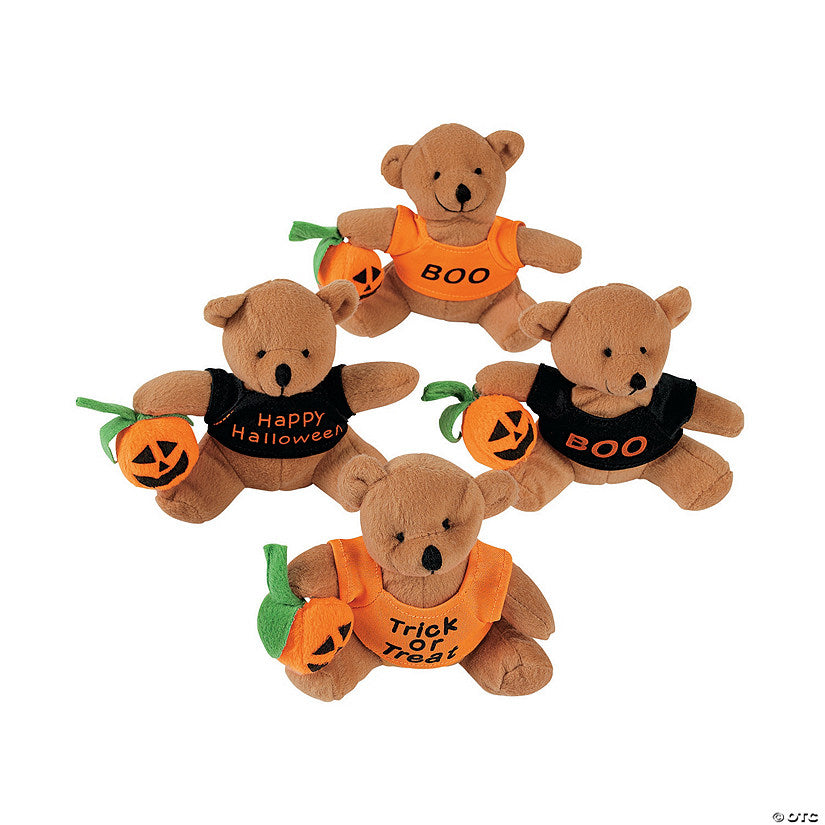 Per Dozen: 4 1/2" Halloween Stuffed Bears with T-Shirt & Jack-O'-Lantern - 12 Pc. | USA Decoration®
