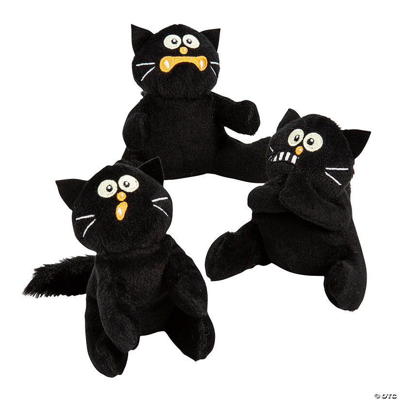 Per Dozen: 4 1/2" Halloween Black Scaredy Face Stuffed Cat Toys - 12 Pc. | USA Decoration®