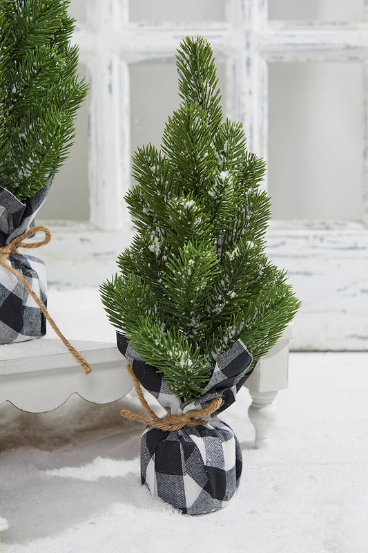 Flocked Pine Tree with Plaid Fabric Base Medium Christmas Tabletop Decoration