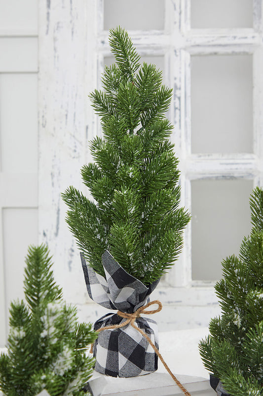 Large Flocked Pine Tree with Plaid Fabric Base Snowy Tabletop Christmas Decoration