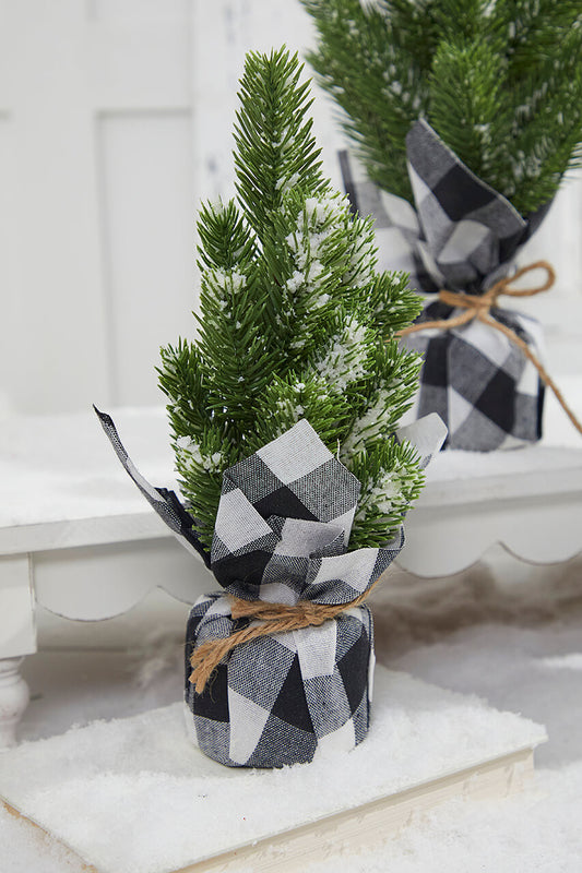Small Flocked Pine Tree with Plaid Fabric Rustic Holiday Tabletop Decor