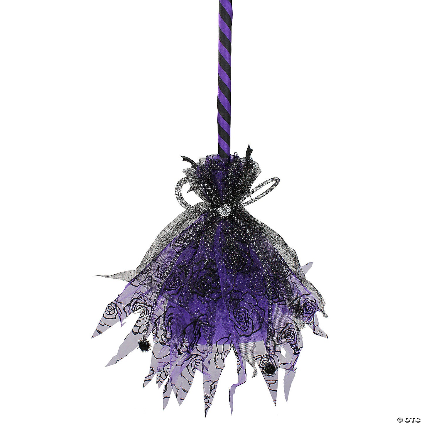 29" Purple and Black Striped Animated Witches Halloween Broom with Bat Accents | USA Decoration®