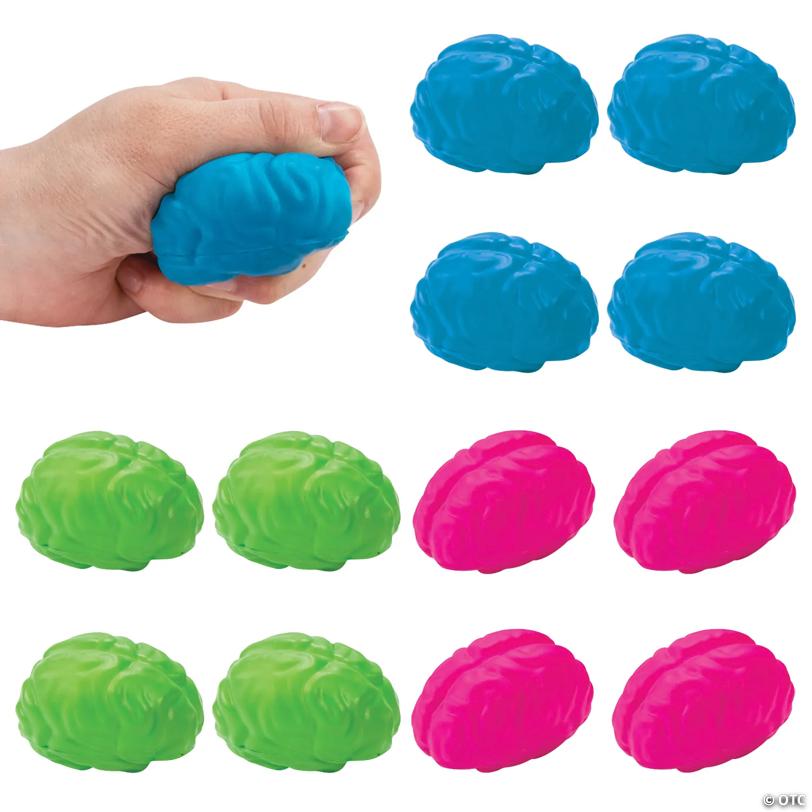 2 1/2" Brain Bright Green, Blue & Pink Foam Stress Toys - 12 Pc.