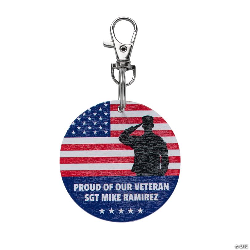 2 1/4" Personalized Patriotic American Flag & Saluting Soldier Veteran Keychains - 24 Pc.