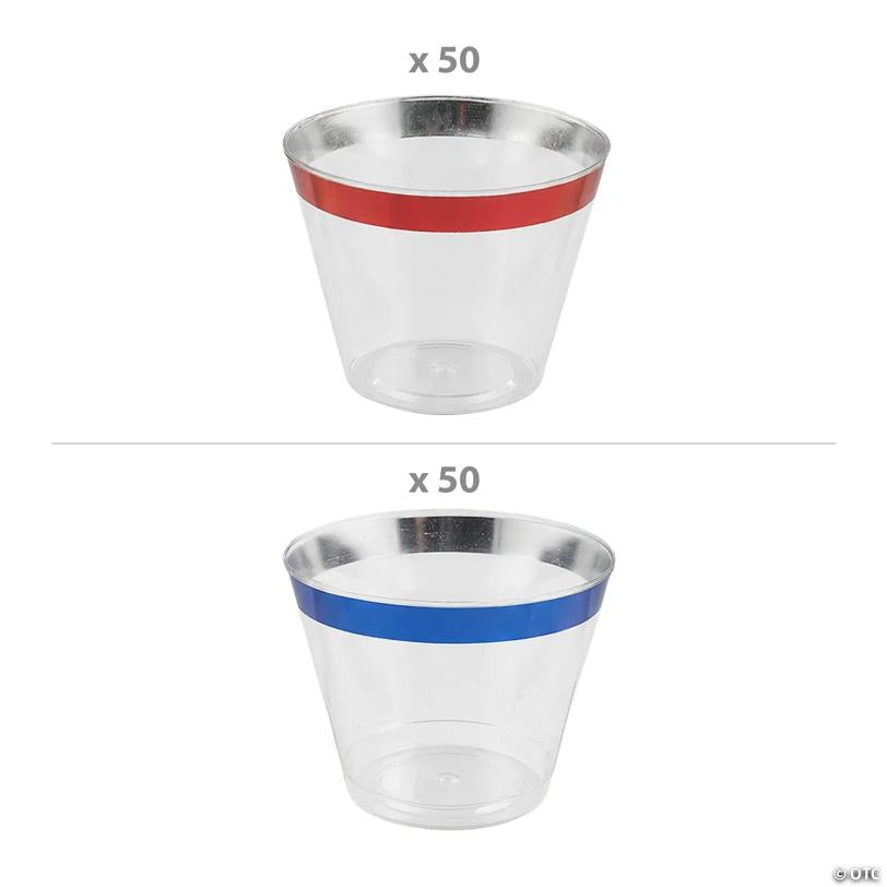 2 3/4" 9 oz. Bulk 100 Ct. Patriotic Small Disposable Cups with Red & Blue Trim Assortment