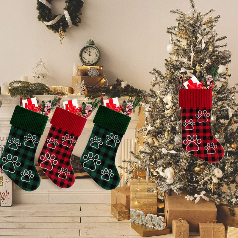 2 Pieces Christmas Pet Dog Stocking 18 Inch Buffalo Plaid Christmas Stockings kint cuff Christmas Hanging Ornament with Dog Paw for Xmas Decoration
