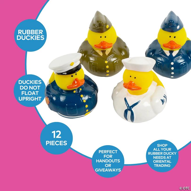 2" Uniformed Armed Forces Blue, Green & White Rubber Ducks - 12 Pc.