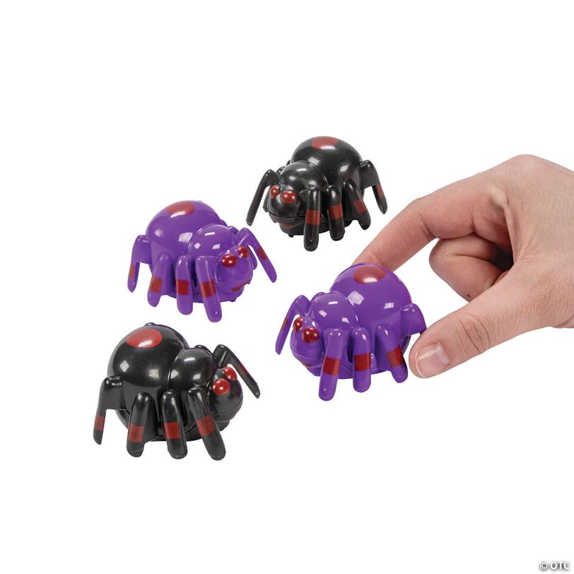 2" x 1 1/2" Mini Halloween Black & Purple Plastic Spider Pull-Back Toys - 12 Pc.