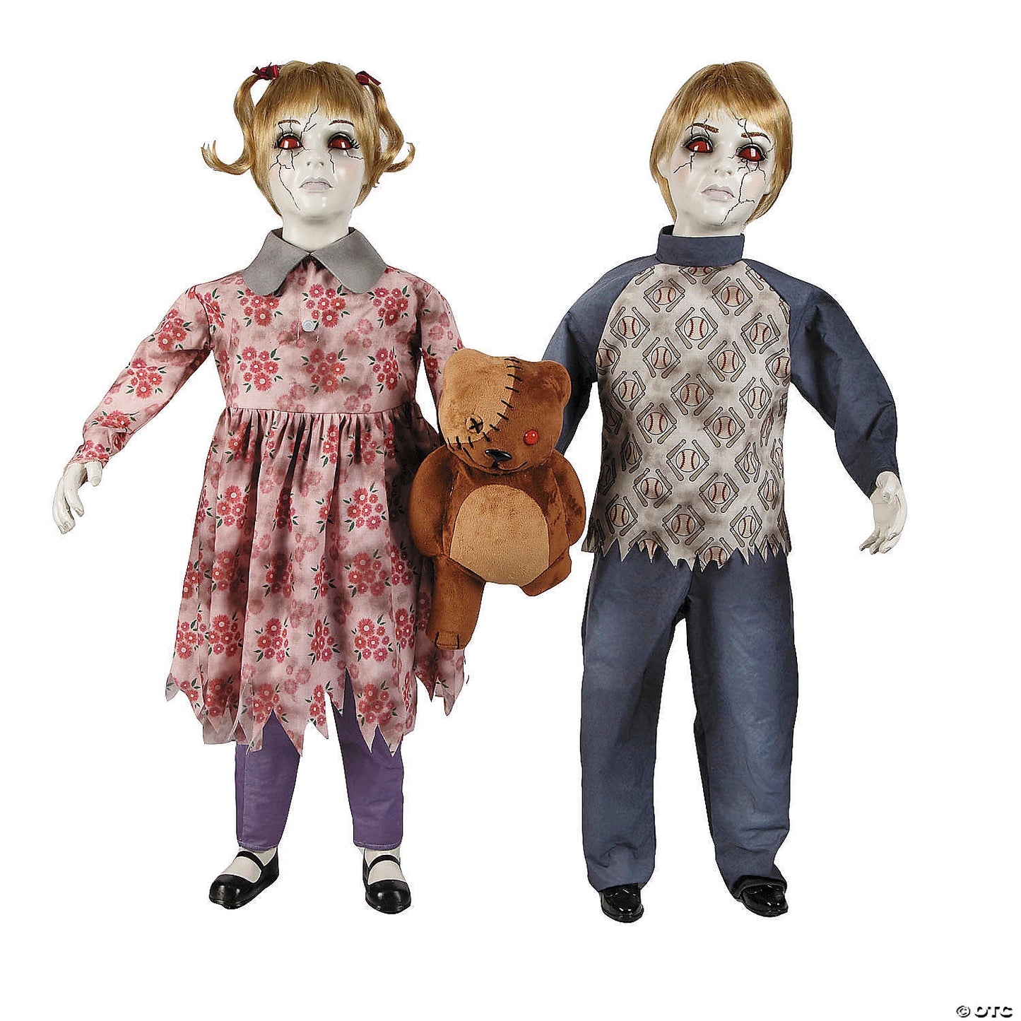 3 Ft. Animated Light-Up Apocalypse Twins with Stuffed Bear Halloween Decoration | USA Decoration®