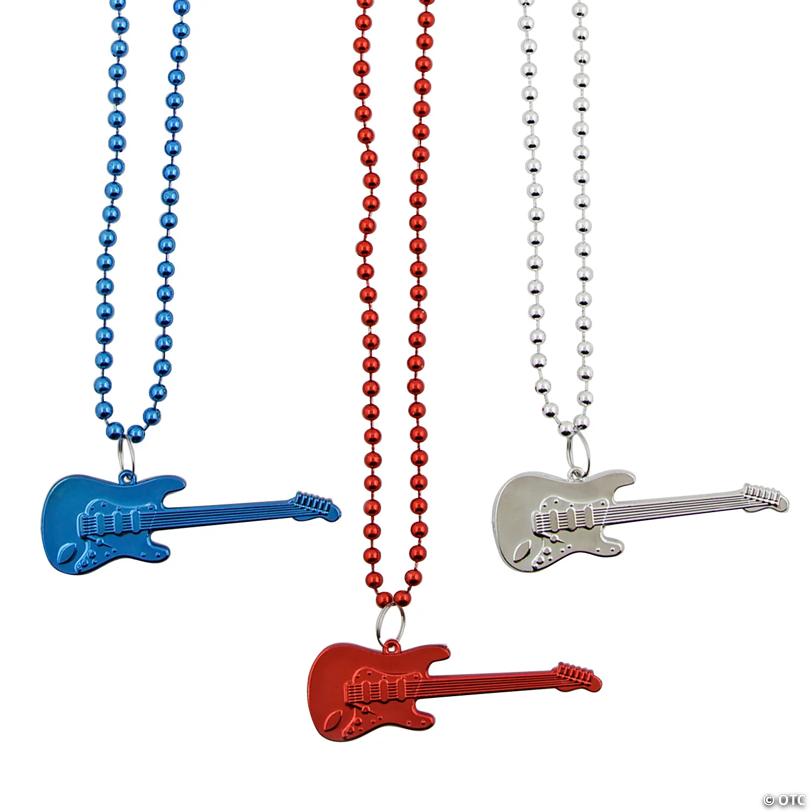 30" Patriotic Red, White & Blue Plastic Bead Necklaces with Guitar – 12 Pc.