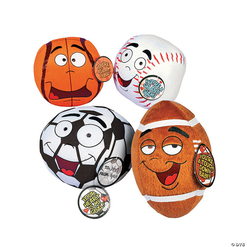 4" - 5" Stuffed Silly Sports Balls Valentine Exchanges with Card for 12 | USA Decoration®