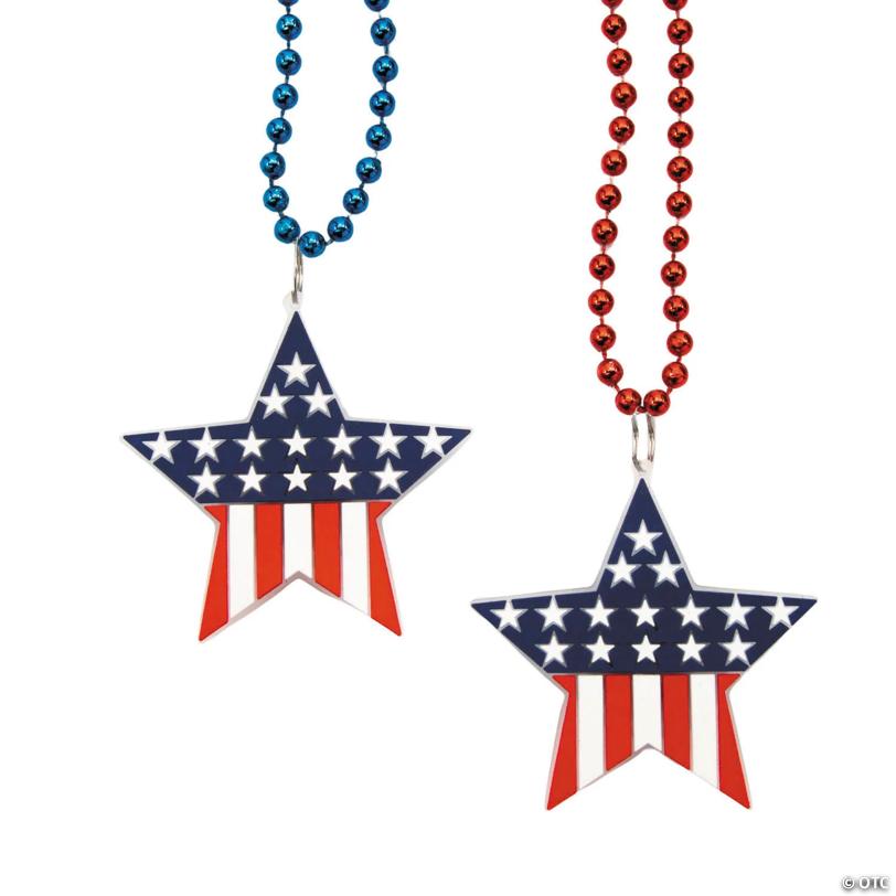 33" Patriotic USA Flag Light-Up Star Charm Necklaces - 12 Pc.