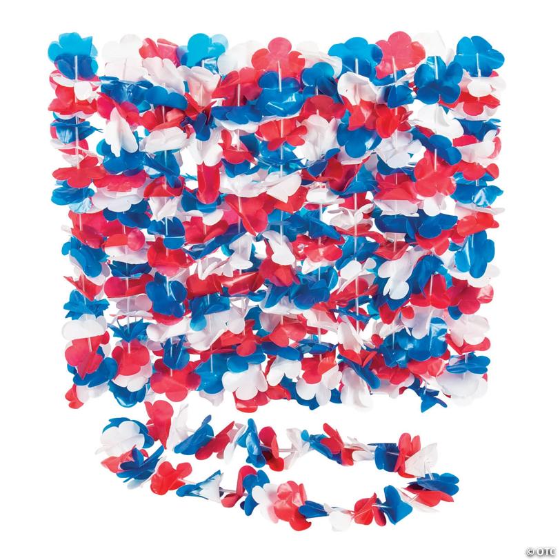 34" Bulk 50 Pc. Patriotic Tri-Color Red, White & Blue Flower Plastic Leis | USA Decoration®