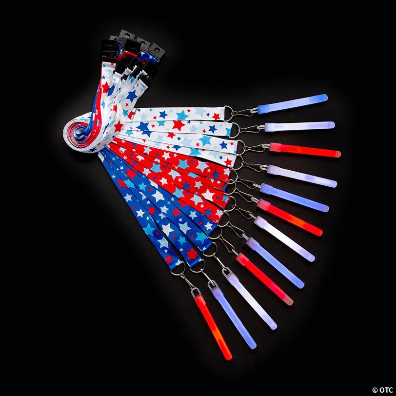 34" Bulk Patriotic Red, White & Blue Star Breakaway Lanyard & Glow Stick Kit for 48