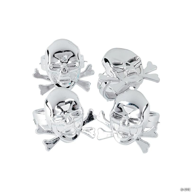 3/4" Pewter-Finished Metallic Pirate Skull Plastic Rings - 36 Pc.