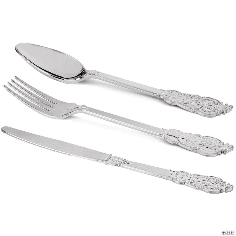 360 Pc. Shiny Metallic Silver Baroque Plastic Cutlery Set - Spoons, Forks and Knives (120 Guests) | USA Decoration®
