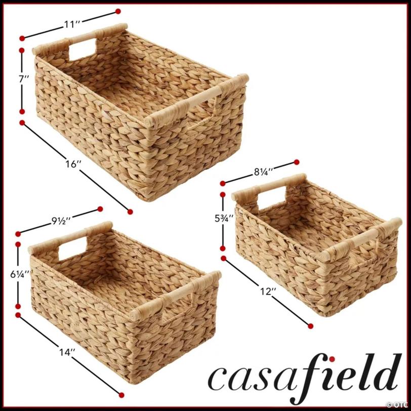 3-Piece Hyacinth Rectangular Storage Basket Set W/ Wood Handles, Natural Wicker