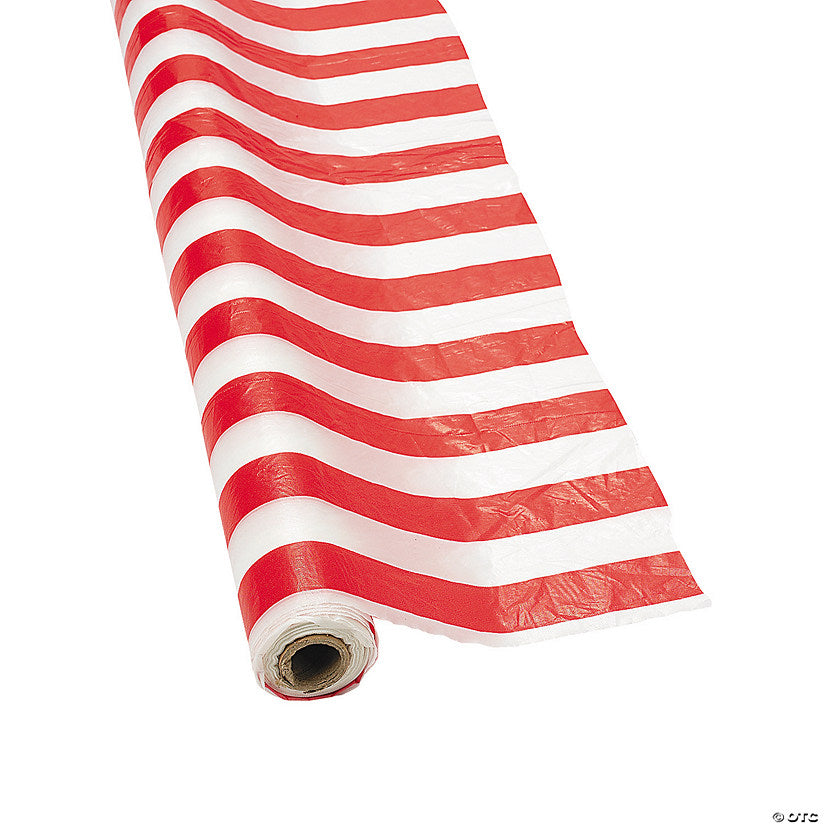 40" x 100 Ft. Red & White Striped Disposable Plastic Tablecloth Roll