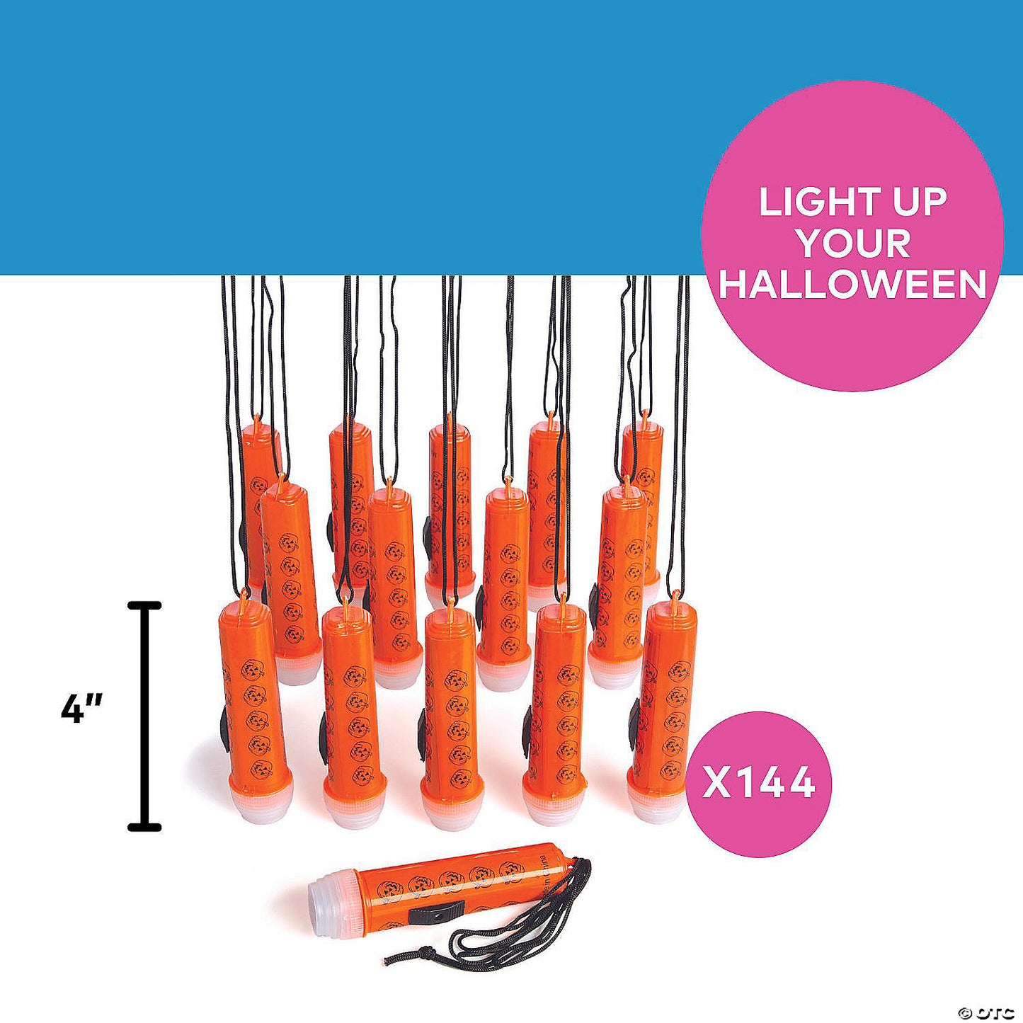 4" Bulk 144 Pc. Mini Halloween Orange Flashlights on a 30" Rope | USA Decoration®