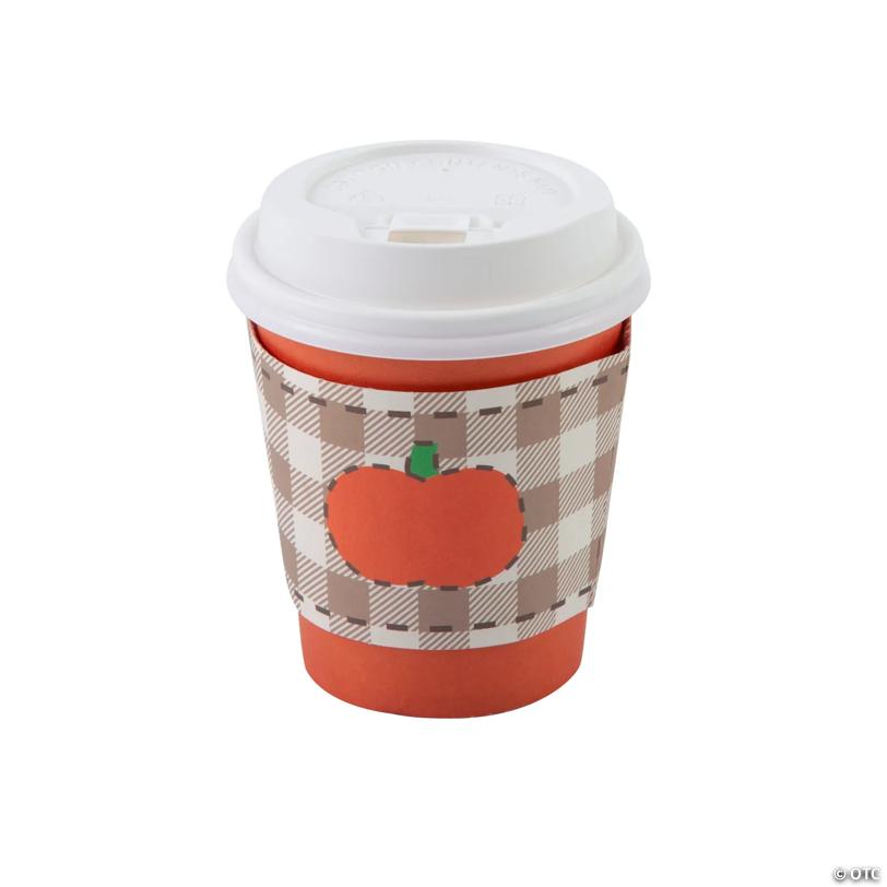 4 1/4" 9 oz. Plaid Pumpkin Coffee Cups with Lids & Sleeves - 12 Pc.