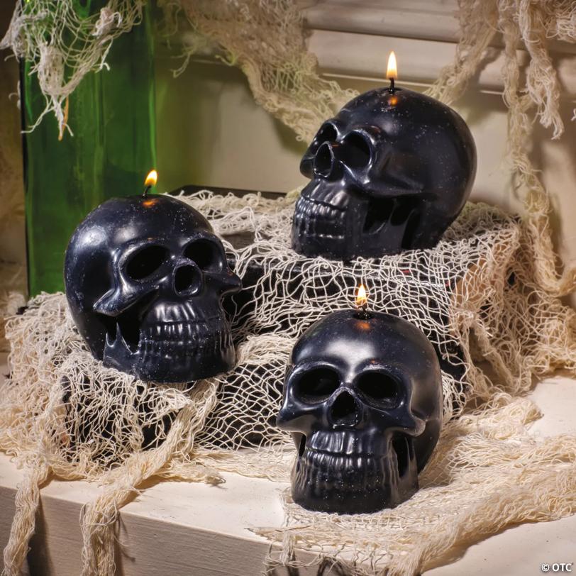 4" Black Skull-Shaped Wax Candles - 3 Pc.