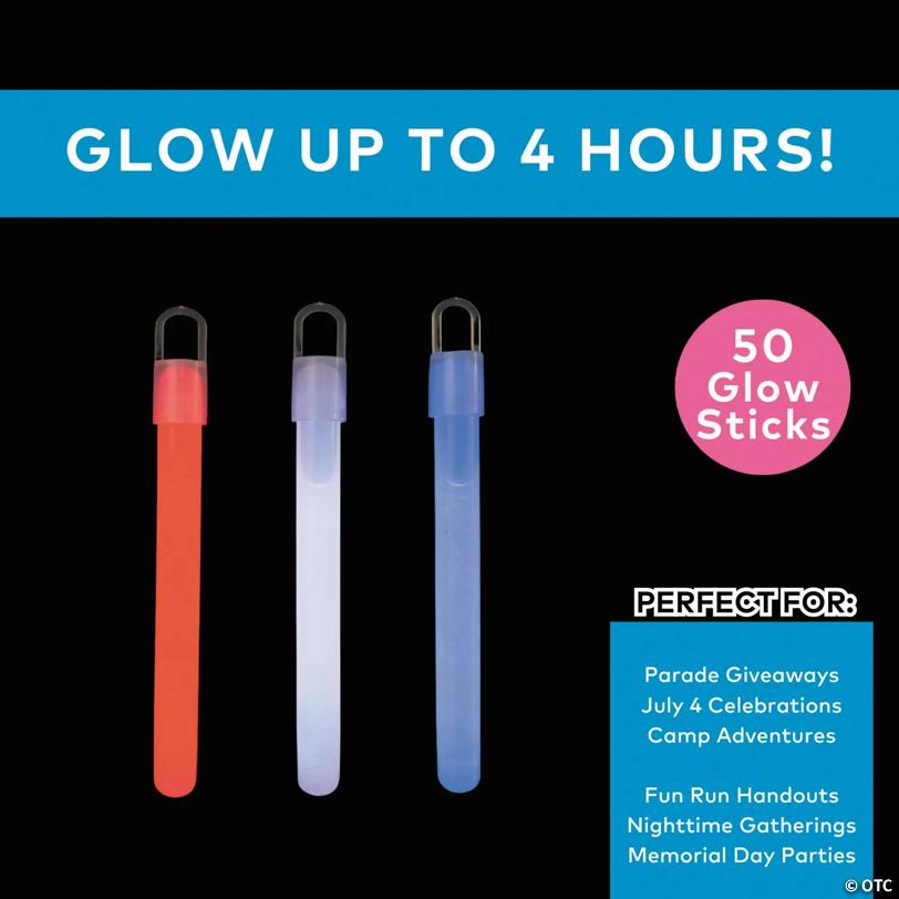 4" Bulk 50 Pc. Patriotic Red, White & Blue Plastic Glow Sticks