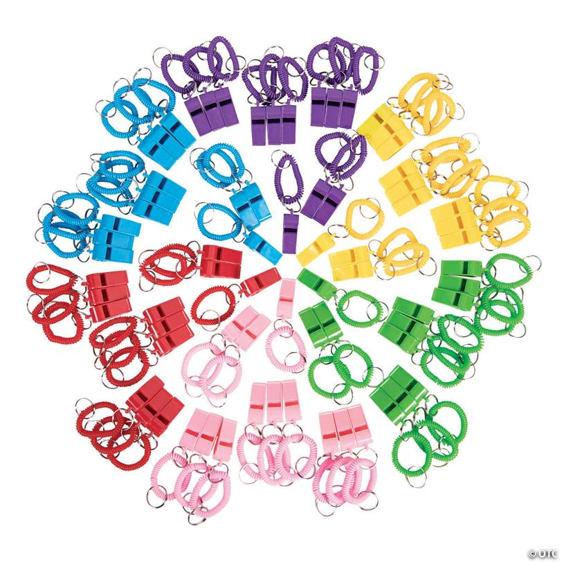4" Bulk 72 Pc. Classic Solid Color Plastic Whistle Keychains with Coil Wristbands