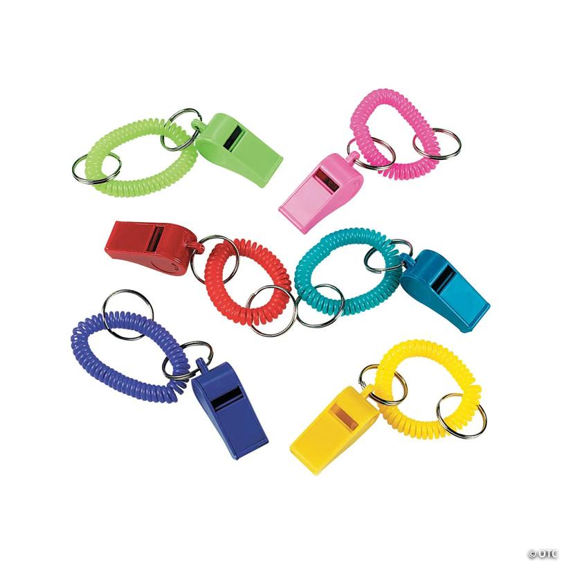 4" Solid Color Plastic Whistle with Stretchy Coil Keychains - 12 Pc.
