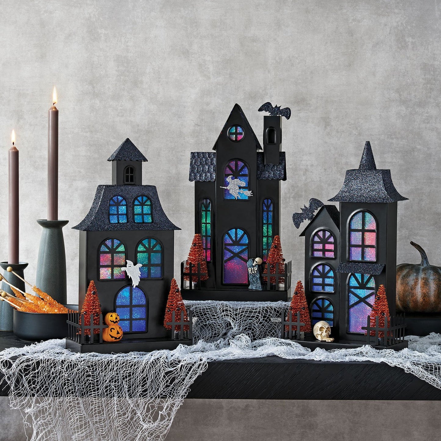 Member's Mark Pre-Lit Metal Halloween Houses, Set of 3 | USA Decoration®