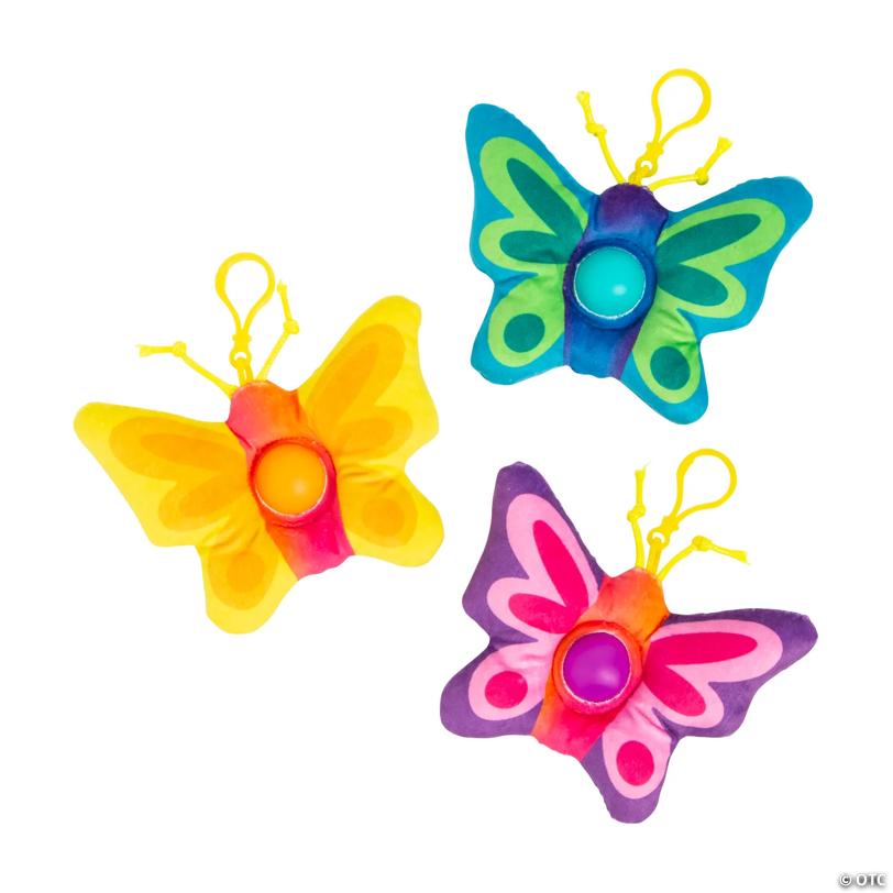 5" x 3 3/4" Stuffed Butterfly Lotsa Pops Pop Fidget Toy Backpack Clip Keychains - 12 Pc.