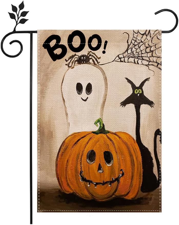 12×18 in Double-Sided Halloween Garden Flag BOO, Black Cat & Ghost Yard Decor | USA Decoration®