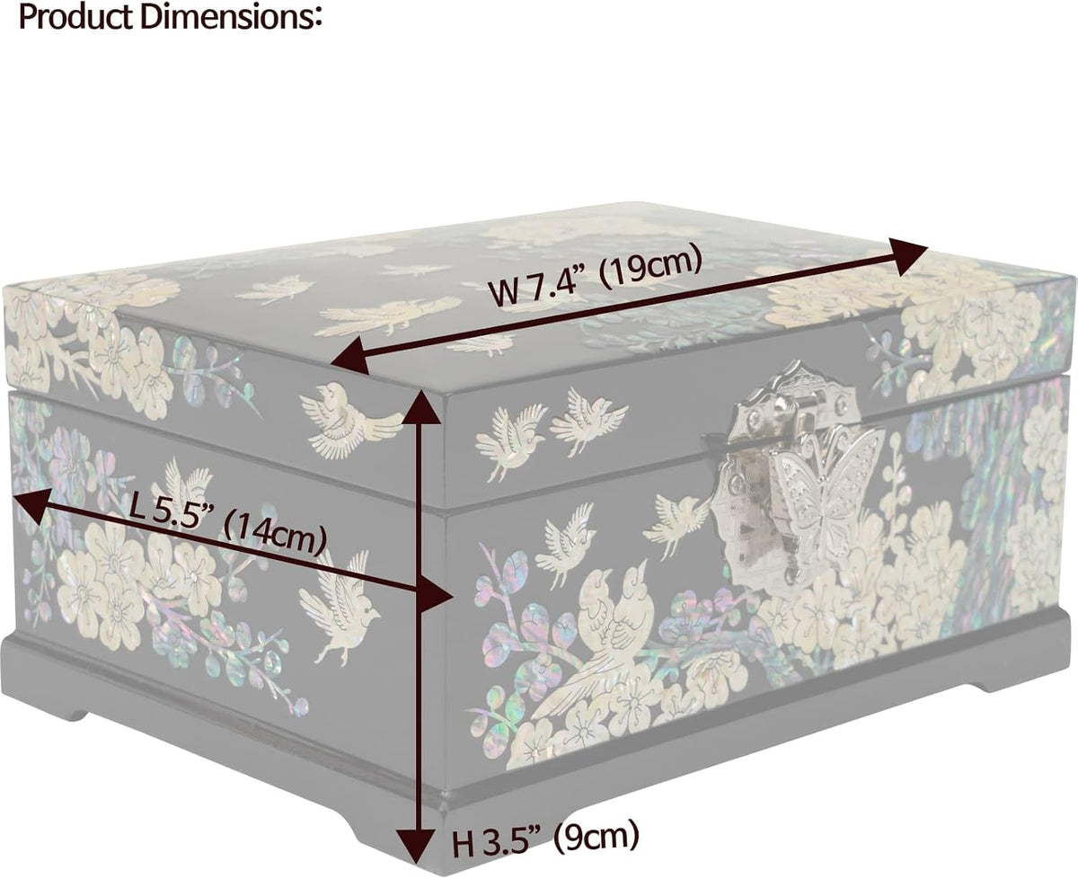 February Mountain Mother-of-Pearl Jewelry Box – Handcrafted Bird & Floral Design, Two-Tier Organizer with Mirror, Black Lacquer Finish, Red Velvet Interior – Christmas Gift for Women