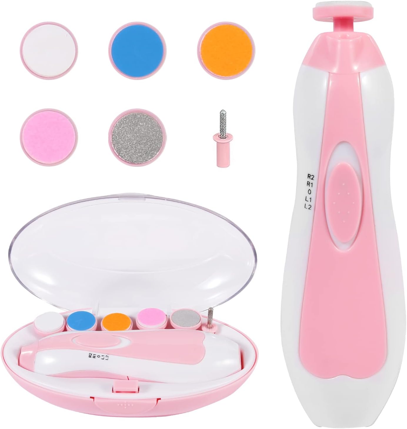 Electric Baby Nail Trimmer 6-in-1 (Pink) Quiet Motor, LED Light & 6 Replaceable Grinding Heads for Newborn, Toddler & Adult Nails