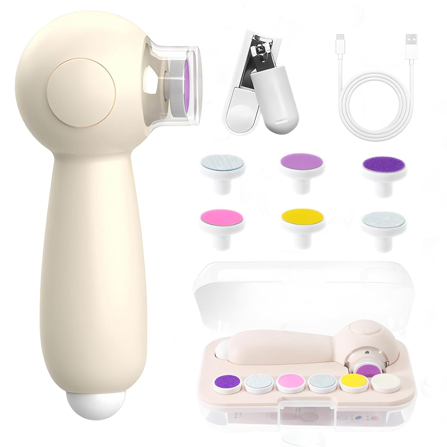 Electric Baby Nail Trimmer Gentle Rechargeable Nail Clippers with Light, 6 Replacement Heads & Storage Case for Newborns & Toddlers