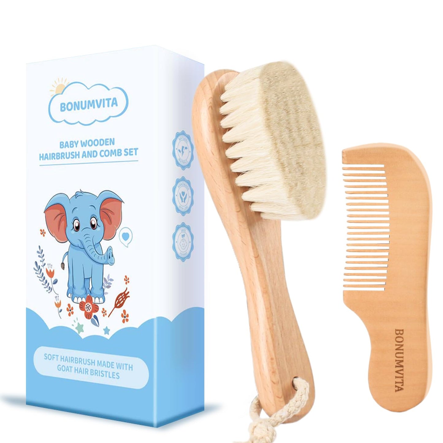 Wooden Baby Hair Brush and Comb Set Soft Goat Bristle for Newborn Cradle Cap Care