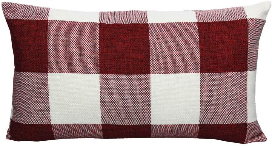 VAKADO 12x20 Inch Pack of 2 Farmhouse Retro Check Plaids Lumbar Throw Pillow Covers Christmas Decorative Rectangle Cushion Cases for Sofa Couch Car, Red White