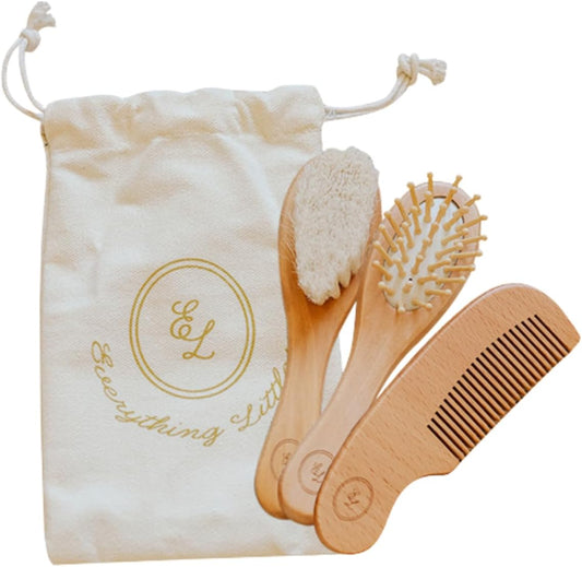 Wooden Baby Brush Set 3 Pack with Soft Goat Hair Massage Brush Cradle Cap Brush & Sturdy Wooden Comb for Gentle Tangle-Free Baby Hair Grooming