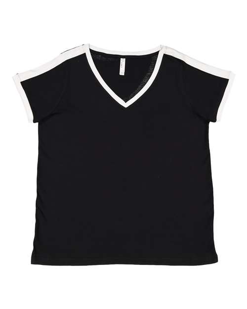 Women's Curvy Retro Ringer Premium Jersey V-Neck Tee | USA Decoration