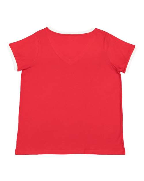 Women's Curvy Retro Ringer Premium Jersey V-Neck Tee | USA Decoration