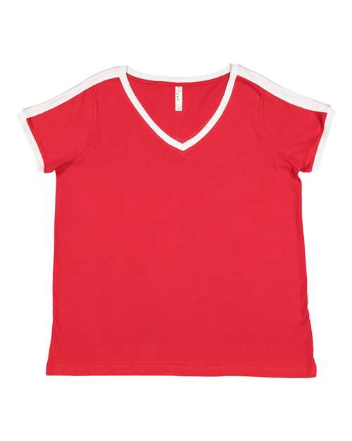 Women's Curvy Retro Ringer Premium Jersey V-Neck Tee | USA Decoration